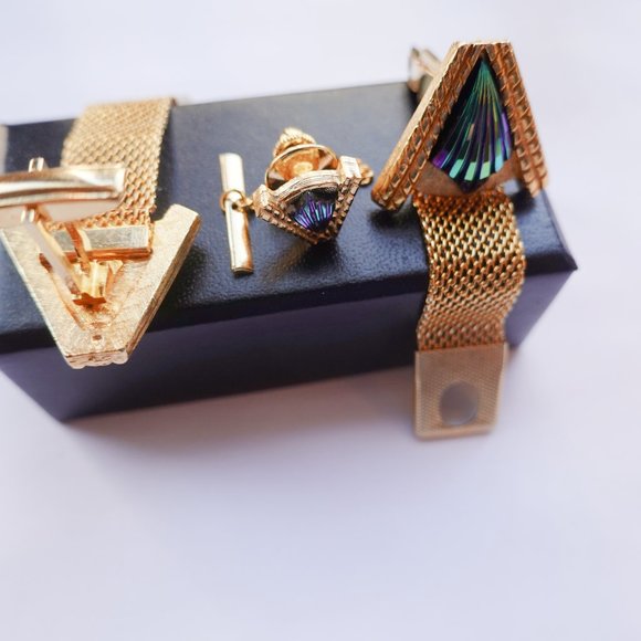 Wrap Around Mesh Retro Cufflinks and Tie Tack - Picture 3 of 3